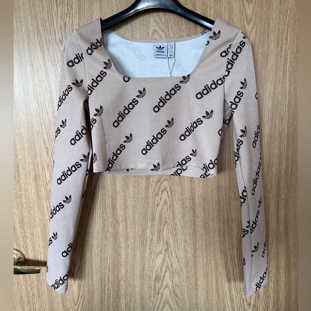 New Adidas Halo Blush Shimmer Adidas Logo Long Sleeve  Sport Crop Top Women’s S
